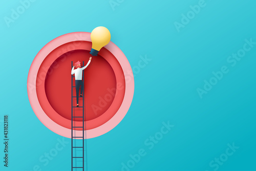 Business concept and idea solution discovery.Big idea, Creativity, Brainstorming, Innovation concept.Businessman on a ladder reaching light bulb.