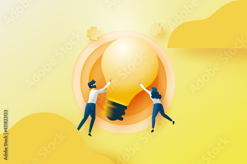 Creative idea, Innovation, Brainstorming concept with male and female holding big light bolb on yellow background.Website Landing page.Vector illustration.