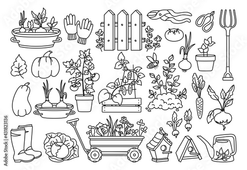 Garden black line cartoon set. Vegetables growing soil in pot, rustic fence. Rubber boots, pitchfork and gloves, secateurs. Garden cart, birdhouse watering can. Hand drawn Isolated vector illustration