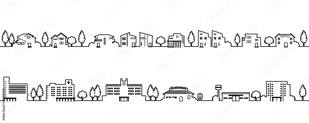 シンプルでかわいい街並みのイラスト モノクロの線画 Stock Vector Adobe Stock