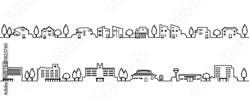 シンプルでかわいい街並みのイラスト（モノクロの線画）
