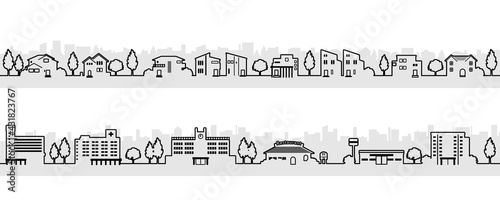 シンプルでかわいい街並みのイラスト（モノクロの線画）