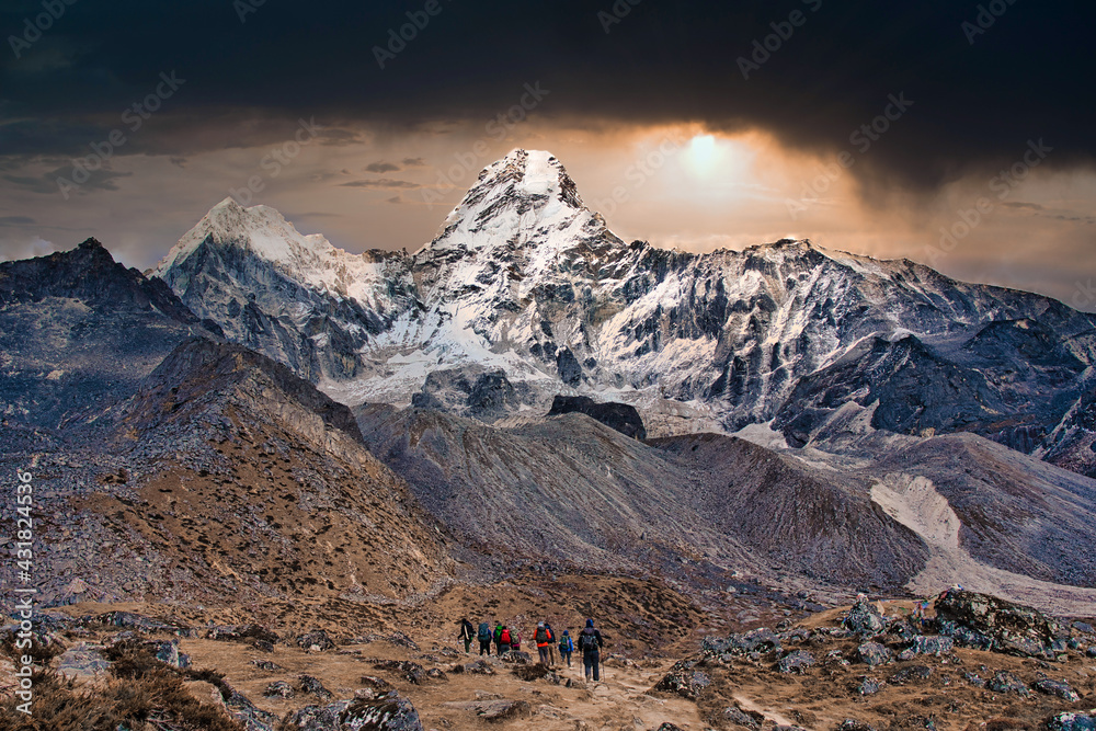 Trekking in Nepal with Ama Dablam in the foreground