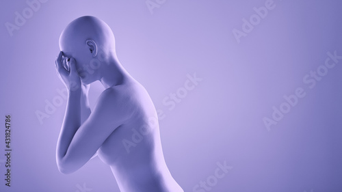 Foto 3D illustration of a female figure lamenting in a pale purple space, shot from t