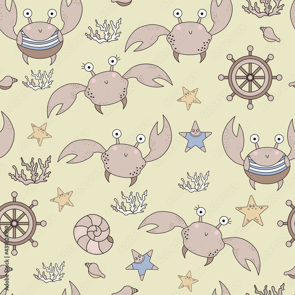 Seamless patterns with marine life. Cute funny crabs and corals, starfishes and seashells on a beige background. Vector. For design, decoration, printing, packaging, textiles and wallpaper