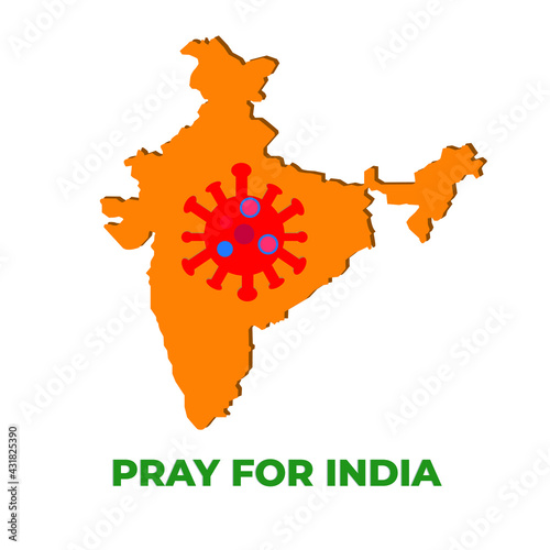 A vector of India map with coronavirus and Pray For India word. India been hit with terrible wave of coronavirus and worse around the world.
