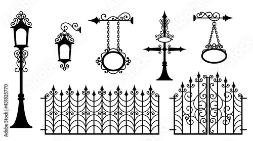 Iron fence with gates, signboards, lanterns and pointers. Metal entrance, street lights and signs in vintage style. Beautiful and sophisticated forged design elements. Isolated silhouette. Vector photo