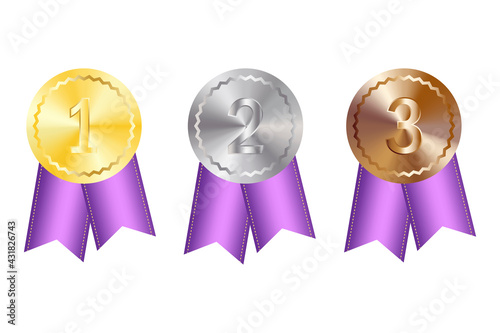 Flat three medals. Bronze gold. Sport award. Championship trophy. Vector illustration. EPS 10. Stock image.