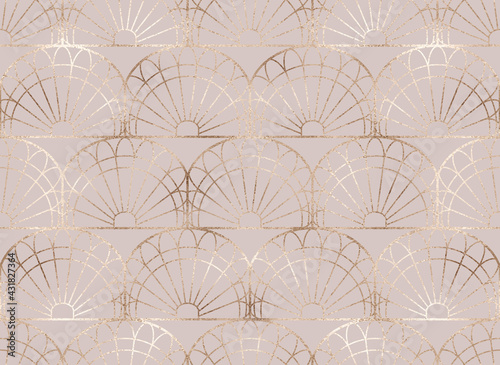 Art deco modern seamless pattern with gold rattan arch of flowers.