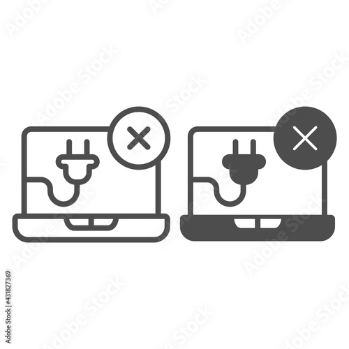 Disconnected laptop line and solid icon, pcrepair concept, faulty laptop vector sign on white background, disconnected laptop outline style for mobile concept and web design. Vector graphics.