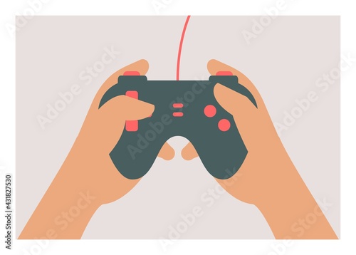 Hand holding game joystick. Simple flat illustration.