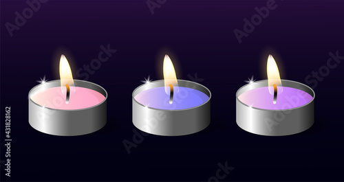 Set of tea candles with realistic flames. Vector illustration
