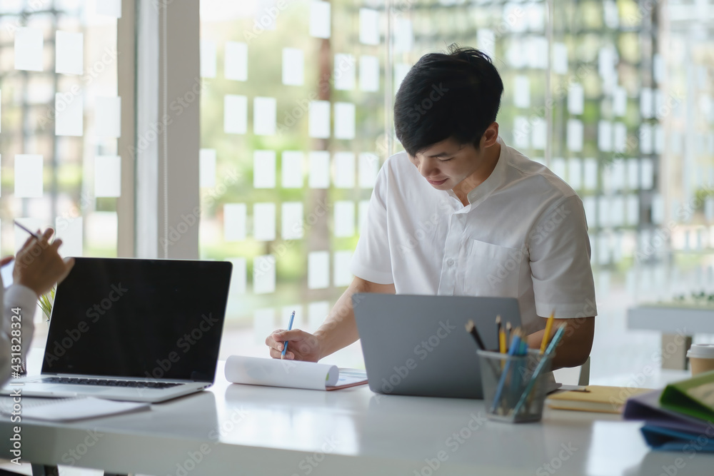 Fund managers researching and analysis Investment stock market by laptop computer. Fund managers researching and analysis Investment stock market by laptop computer.