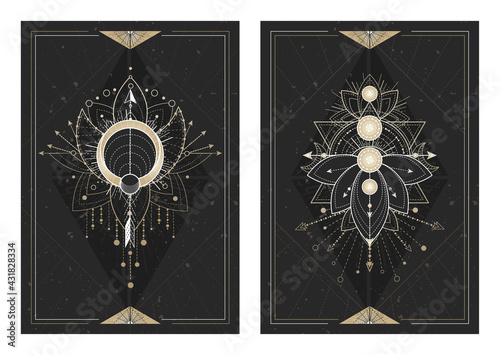 Vector dark illustrations with sacred geometry symbols, grunge textures and frames. Images in black, white and gold.