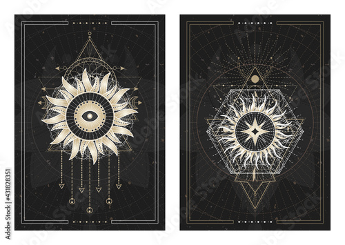Vector dark illustrations with sacred geometry symbols, grunge textures and frames. Images in black, white and gold.
