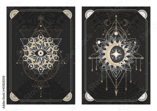 Vector dark illustrations with sacred geometry symbols, grunge textures and frames. Images in black, white and gold.