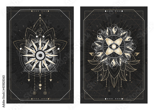 Vector dark illustrations with sacred geometry symbols, grunge textures and frames. Images in black, white and gold.