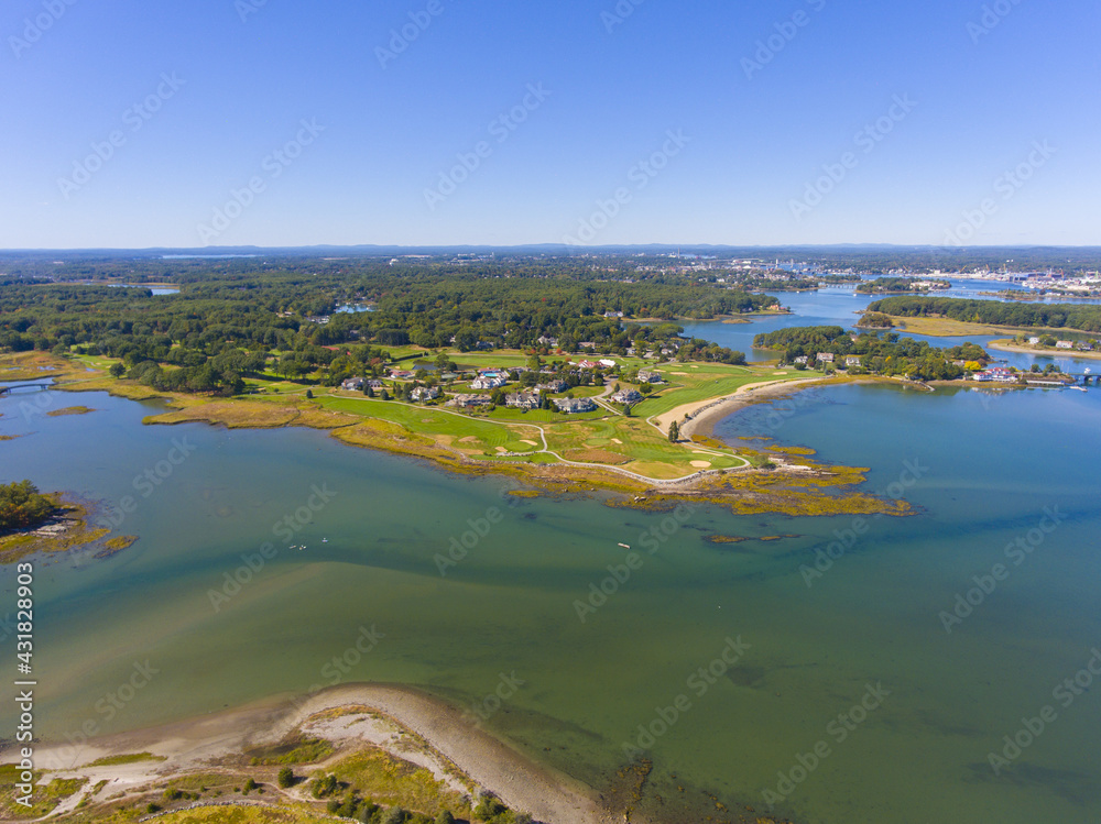 Sheafes Point and golf course aerial view on Piscataqua River near Portsmouth Harbor in town of Rye, New Hampshire NH, USA. 