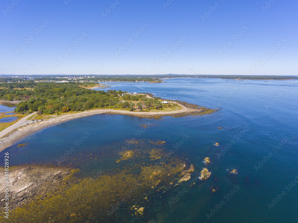 Odiorne Point and coast aerial view in summer in Odiorne Point State Park in town of Rye, New Hampshire NH, USA. 