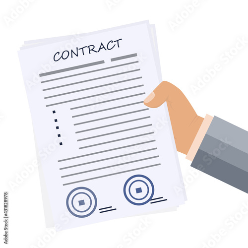 Contract, agreement in the hand of a businessman about provision of services. Vector illustration. Signature, stamp on paper document. Approved business financial form.Affiliate treaty about delivery.