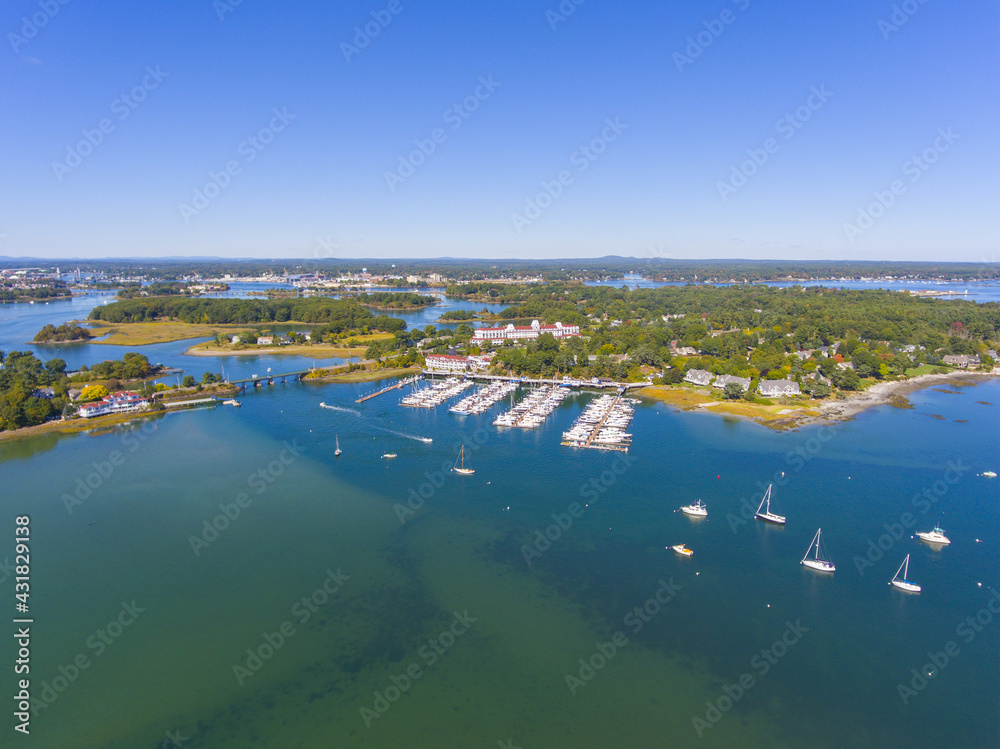 Aerial view of historic grand hotel Wentworth by the Sea dates back to Gilded Age in New Castle, New Hampshire, USA. Now this hotel is owned by Marriott.