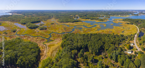 Piscataqua River and coast aerial view panorama in summer in Odiorne Point State Park in town of Rye  New Hampshire NH  USA. 