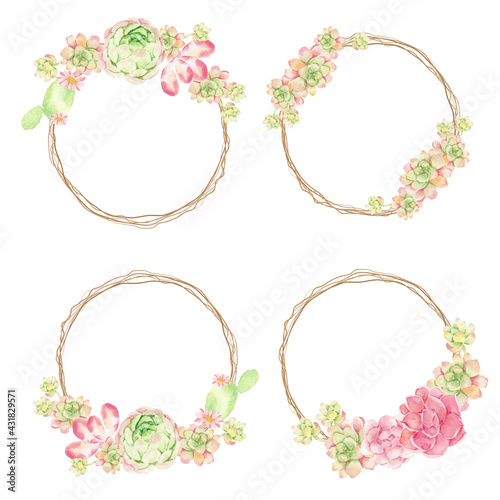 watercolor cactus and succulent bouquet arrangement on dry twig wreath frame collection isolated on white background