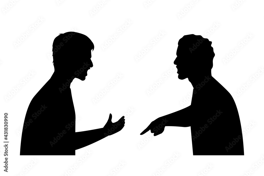 Two men screaming other silhouette, women quarrel and angry Two men screaming other silhouette, women quarrel and angry