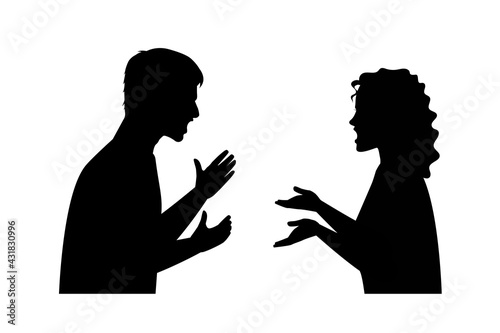 Silhouettes of couple quarreling on white background, angry couple silhouette
