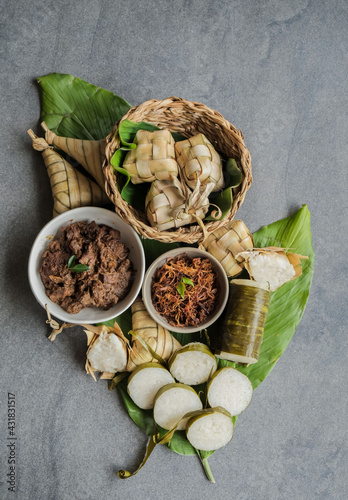 Popular food for breaking fast during ramadan / Ramadan Food / Food like lemang, ketupat, ketupat palas, beef and chicken rendang and serunding are commonly eaten together