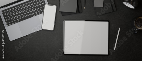 3D rendering, dark flat lay workspace with digital tablet, smartphone, laptop, accessories and stationery