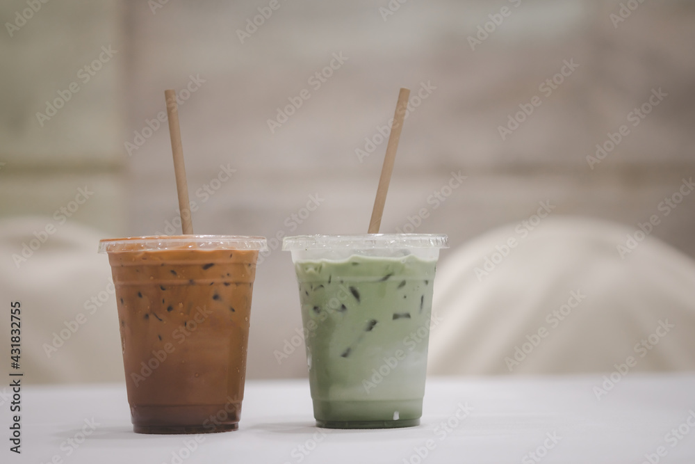 Iced matcha latte and iced mocha Iced matcha latte and iced mocha