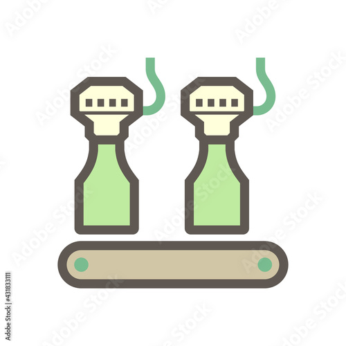 Beverage industry vector icon. That business process automation consist of row bottle on conveyor belt in production line and filling water or liquid in packaging to manufacture produce drink product.