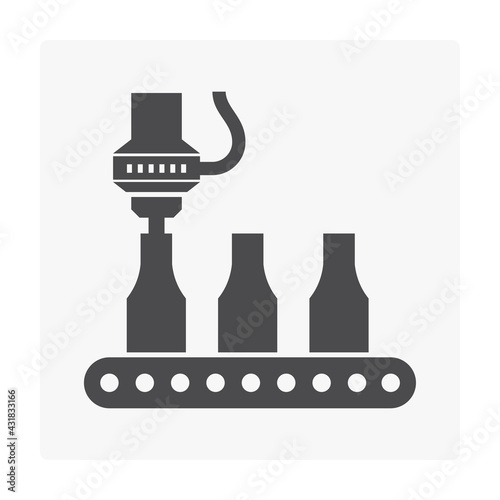 Beverage industry vector icon. That business process automation consist of row bottle on conveyor belt in production line and filling water or liquid in packaging to manufacture produce drink product.