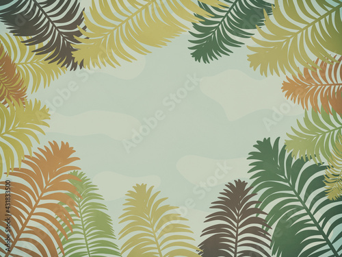 Illustration with palm branches and place for text. The sky is in the background.