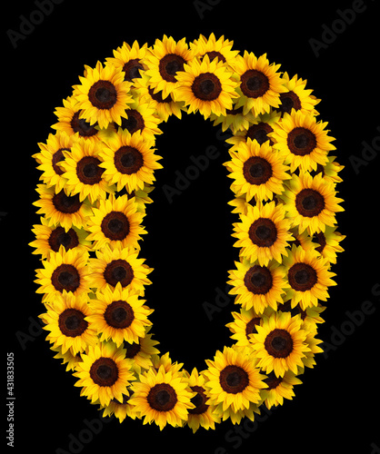 image of number 0 made of yellow sunflowers flowers isolated on black background. Design element for love concepts designs. Ideal for mothers day and spring themes