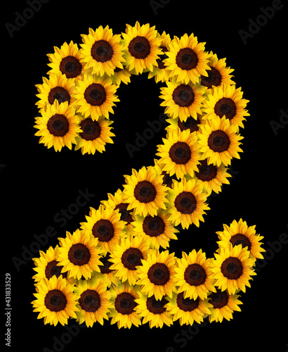 image of number 2 made of yellow sunflowers flowers isolated on black background. Design element for love concepts designs. Ideal for mothers day and spring themes