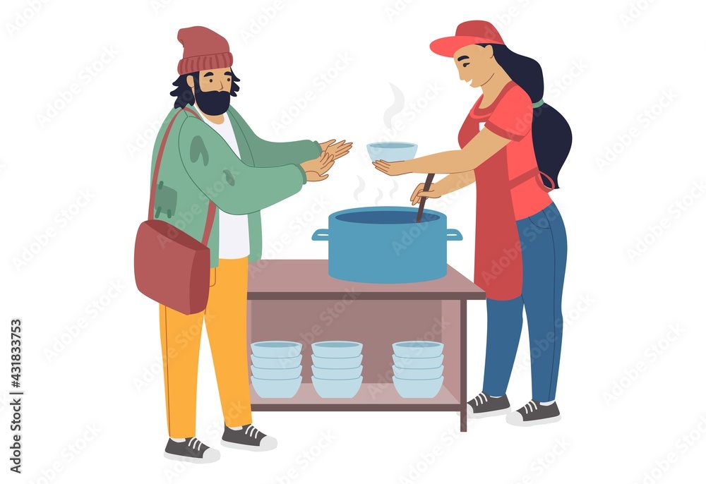 Volunteer feeding homeless person, flat vector illustration. Care for homeless, volunteering and charity. Food aid. Volunteer feeding homeless person, flat vector illustration. Care for homeless, volunteering and charity. Food aid.