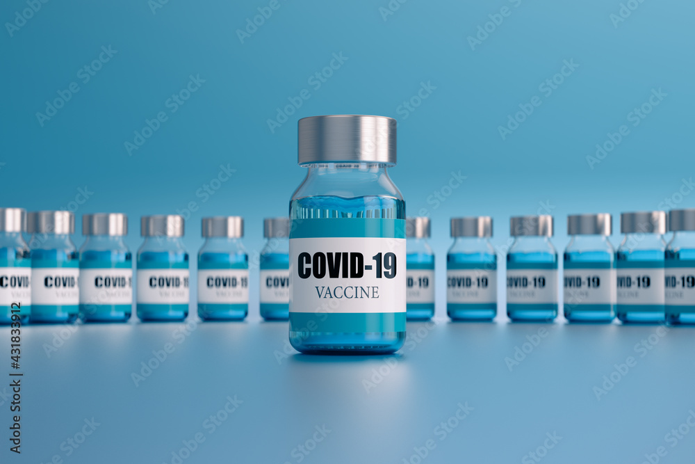 Coronavirus or Covid-19 Vaccine ampoules, on light blue background. Vaccine and Healthcare Medical concept. 3d render illustration