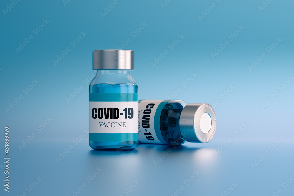 Coronavirus or Covid-19 Vaccine ampoules, on light blue background. Vaccine and Healthcare Medical concept. 3d render illustration Coronavirus or Covid-19 Vaccine ampoules, on light blue background. Vaccine and Healthcare Medical concept. 3d render illustration