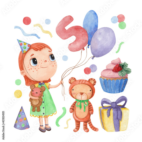 A set of cute watercolor birthday illustrations © Kyb4ik_art