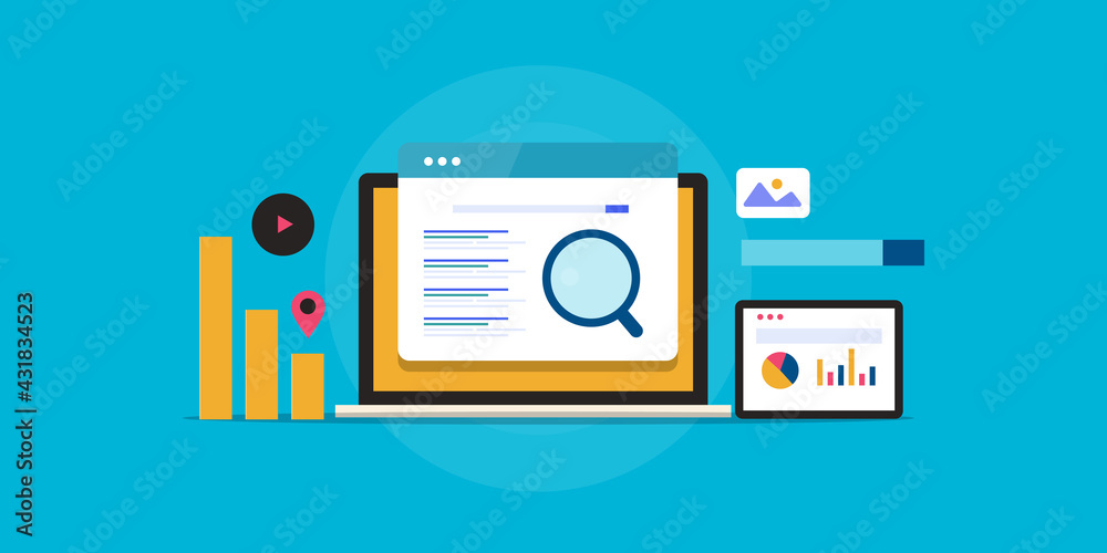 Fototapeta premium Digital marketing including search engine optimization strategy development and data analysis. SEO campaign concept. Flat design vector banner.