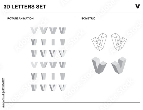 3d v Alphabet Letters Set Animate Isometric Wireframe Vector