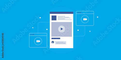 Social media video marketing concept. Video on social media post, viral video content, engaging video. Flat design vector illustration.