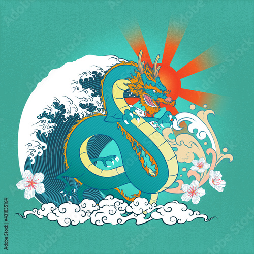 Abstract Art Floating Green Gradient Dragon and Sun with Radiant, Sakura Flower, Curvy Cloud and Torrential Wave with Water Splash Icon on Gradient Background Vector Design Template for Wrapping Pape