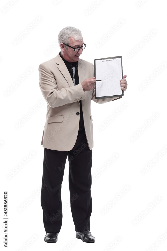 in full growth. Mature intelligent man with a clipboard. in full growth. Mature intelligent man with a clipboard.