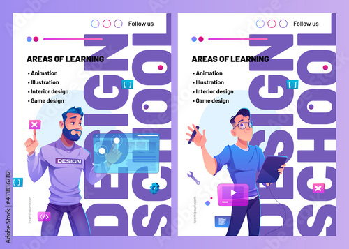 Design school posters with cartoon man designer with graphic tablet. Business education in creative professions, animation, illustration, interior and game areas. Vector flyers for digital artists