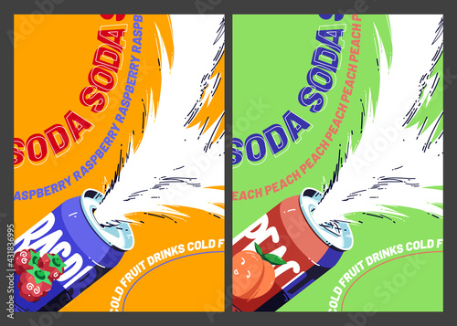 Sweet soda, cold fruit drinks posters. Fizzy watermelon, sea buckthorn and peach beverage in aluminium cans. Vector poster with cartoon illustration with lemonade in metal tin cans with white splash