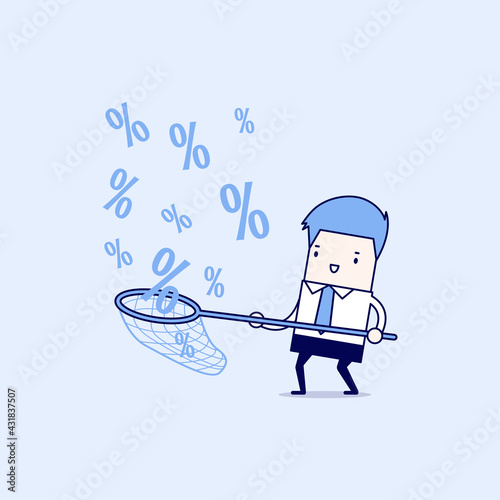 Businessman catching percent signs. Cartoon character thin line style vector.