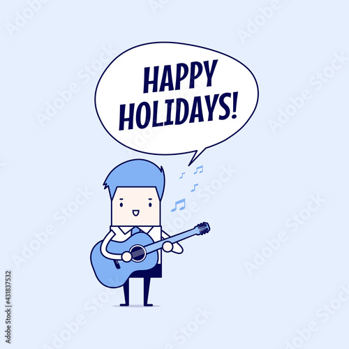 Businessman is playing a guitar and sing Happy Holidays. Cartoon character thin line style vector.